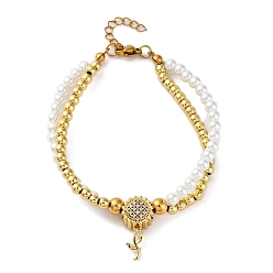 Цветок Латунь многожильных браслеты, браслеты со стразами для женщин, ионное покрытие (ip), реальный 18 k позолоченный, с пластиковой жемчужиной и 304 карабином из нержавеющей стали, цветок, 7-3/8 дюйм(18.7см)+30удлинитель мм