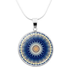 Medium Blue Glass Mandala Flower Dome Pendant Necklace, Platinum Brass Jewelry for Women, Medium Blue, 24.21 inch(61.5cm)