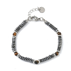 Тигровый глаз Браслеты из натурального тигрового глаза и немагнитного синтетического гематита для женщин, с 201 нержавеющей сталью и 304 фурнитурой из нержавеющей стали, бусина : 5 мм и 4x4x2 мм, 7-3/8 дюйм (18.7 см)