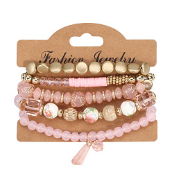 HY-2842-ZC-C Pink Bohemian Crystal Pendant Bracelet with Elastic Multi-layer Design - Fashion Jewelry