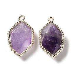 Amethyst Natural Amethyst Pendants, Faceted Hexagon Charms with Rack Plating Golden Plated Brass Edge Loops, 22.5x13x6.5~7mm, Hole: 1.5~1.6mm