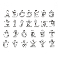 Platinum Alloy Rhinestone Charms, Alphabet, Letter A~Z, Crystal, Platinum, 12.5~13.5x5.5~12x2.5mm, Hole: 1.4mm, 26pcs/set
