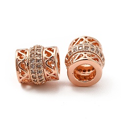 Real Rose Gold Plated Rack Plating Brass Micro Pave Cubic Zirconia European Beads, Large Hole Beads, Long-Lasting Plated, Cadmium Free & Lead Free, Hollow Column, Real Rose Gold Plated, 9x9mm, Hole: 4.7mm