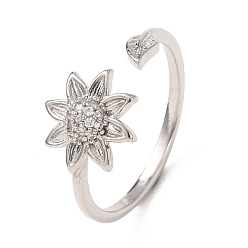 Нержавеющая Сталь Цвет Латунные микропаве кубические цирконии манжеты открытые кольца для женщин, цветок, цвет нержавеющей стали, 10.5 мм, внутренний диаметр: 17 мм