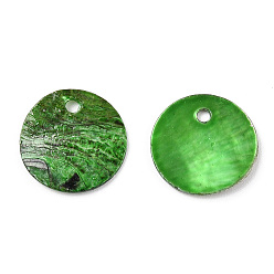 Verde Lima Encantos naturales de conchas de akoya, dijes de disco de concha de nácar, teñido, verde lima, 12~13x1~2 mm, agujero: 1.2~1.5 mm