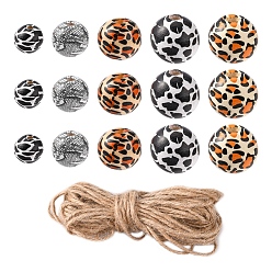 Mixed Color DIY Wood Beaded Pendant Display Decoration Making Kit, Including Leoparid & Cow Printed Natural Wood Round Beads, Jute Cord, Mixed Color, 80Pcs/box