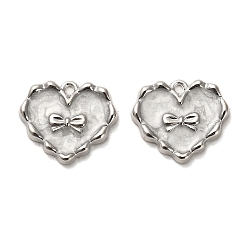 Platinum Alloy Enamel Pendants, Heart with Bowknot Charm, Platinum, 17x20x2.5mm, Hole: 1.5mm
