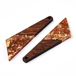 Chocolate Transparent Resin & Walnut Wood Pendants, with Gold Foil, Quadrilateral Charms, Chocolate, 49x13x3.5mm, Hole: 2mm