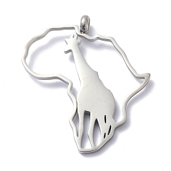 Stainless Steel Color Non-Tarnish 304 Stainless Steel Pendants, Africa Map with Giraffe Pattern, Stainless Steel Color, 28x24.5x1.5mm, Hole: 2mm