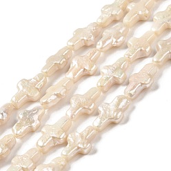 PapayaWhip Natural Keshi Pearl Beads Strands, Baroque Pearls, Cultured Freshwater Pearl, Cross, PapayaWhip, 12~13x7.5~8.5x3~3.5mm, Hole: 0.5mm, about 31~32pcs/strand, 15.87~16.34 inch(40.3~41.5cm)