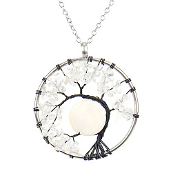 Quartz Crystal Natural Quartz Crystal Chips Tree of Life Pendant Necklaces, Brass Wire Wrap Necklace with Alloy Chains, 20.47 inch(52cm)