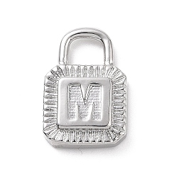 Letter M Eco-friendly Rack Plating Brass Pendants, Cadmium Free & Lead Free, Long-Lasting Plated, Lock with Alphabet, Platinum, Letter.M, 15x10x3mm, Hole: 3.5x4mm