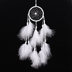 White Polyester Woven Web/Net with Feather Wind Chime Pendant Decorations, with ABS Ring, Wood Bead, for Garden, Wedding, Lighting Ornament, White, 110mm