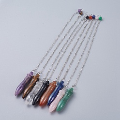 Mixed Stone Natural Mixed Stone Pointed Dowsing Pendulums, with Brass Cable Chains, Bullet, 238~255mm, Hole: 2.5mm, Pendants: 53x12mm