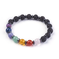 Mixed Stone Natural Mixed Stone Stretch Bracelets, with Lava Rock and Non-Magnetic Synthetic Hematite Beads, 2-1/8 inch(5.5cm)