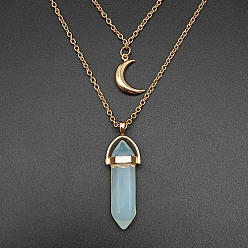 Opalite Opalite Cone Pendant Double Layer Necklace, with Moon Charms, 19.69 inch(50cm)