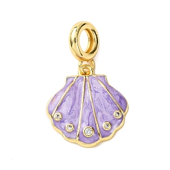 Средний Фиолетовый Латунные эмалированные европейские подвески с подвесками, подвески в форме ракушки с большим отверстием и прозрачными кубическими цирконами, долговечный, стойки покрытие, без кадмия и без свинца, реальный 18 k позолоченный, средне фиолетовый, 30 мм, отверстие : 5.5 мм
