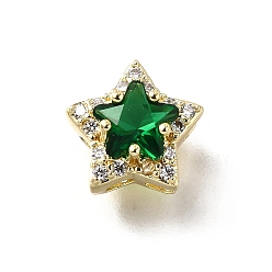 Морско-зеленый Латунные микро проложить кубического циркония бусы, звезда, с кристаллическим цирконием, реальный 18 k позолоченный, может камень рождения, цвета морской волны, 10x10x7.5 мм, отверстие : 2x2 мм