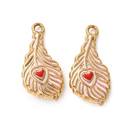 Pink 304 нержавеющей стальной эмали подвески, прелести из перьев, ионное покрытие (ip), реальный 18 k позолоченный, розовые, 19x9x4 мм, отверстие : 1.4 мм