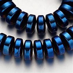 Blue Plated Electroplate Non-magnetic Synthetic Hematite Beads Strands, Heishi Beads, Disc/Flat Round, Blue Plated, 12x6mm, Hole: 1mm, about 69pcs/strand, 15.7 inch