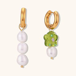 Green flower Asymmetric Freshwater Pearl Flower Earrings, Minimalist Gold Plated Stainless Steel Jewelry for Women