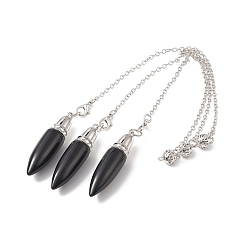 Обсидиан Натуральные обсидиановые подвесные маятниковые подвески, пулевые чары, латунная фурнитура с платиновым покрытием, 235x2.5 мм, отверстие : 1.7 мм