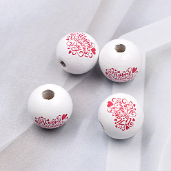 Blanc Perles européennes en bois imprimé sur le thème de la saint-valentin, Perles avec un grand trou   , rond avec le mot happy valentine's day, blanc, 16mm, Trou: 4mm