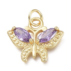 Lilac Brass Micro Pave Cubic Zirconia Pendants, with Jump Rings, Butterfly, Real 18K Gold Plated, Lilac, 16x19x4mm, Hole: 4.6mm
