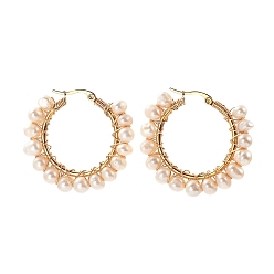Golden 304 Stainless Steel Hoop Earrings, with Potato Natural Cultured Freshwater Pearls and Copper Wire, Ring Shape, Golden, 41x37mm, Pin: 0.7mm