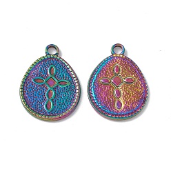 Rainbow Color Ion Plating(IP) 304 Stainless Steel Pendants, Teardrop with Cross Pattern Charms, Rainbow Color, 23x17x1.5mm, Hole: 2.2mm