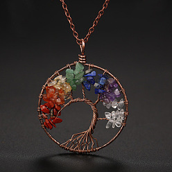 Mixed Stone Natural Gemstone Chip Tree of Life Pendant Necklaces, Alloy Cable Chain Necklace for Women, 20-7/8 inch(53cm)