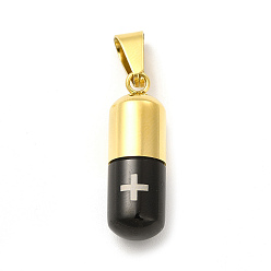Electrophoresis Black Ion Plating(IP) 304 Stainless Steel Openable Capsule Pill Box Pendants, Medical Cross Pill Container Charms with Snap on Bails for Jewelry Necklace Making, Golden, Electrophoresis Black, 28x9mm, Hole: 9x4mm