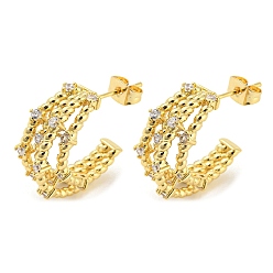 Real 16K Gold Plated Brass Micro Pave Cubic Zirconia Stud Earrings, Split Earrings, Half Hoop Earrings, Real 16K Gold Plated, 21x10x22mm