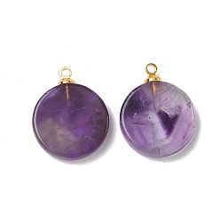 Аметист Подвески из натурального аметиста , плоские круглые подвески с латунными дужками золотистого оттенка, 19~20.5x16~16.3x3.5~4.8 мм, отверстие : 6x3 мм