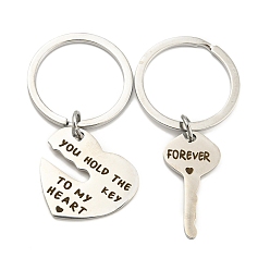 Platinum Valentine's Day Alloy Word You Hold The Key To My Heart Forever Couple Keychain, with Iron Key Ring, Heart & Key, Platinum, 5.7~6.25cm, 2pcs/set