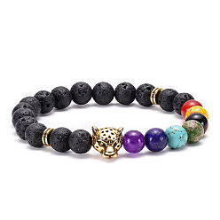 Leopard - Ancient Gold Lava Volcano Stone Leopard Lion Owl Bracelet with Seven Chakra Stones and Natural Buddha Head Beads
