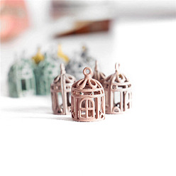 Pink Spray Printed Alloy Mini Birdcages, Micro Landscape Home Dollhouse Accessories, Pretending Prop Decorations, Pink, 11x19mm