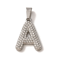 Letter A 304 Stainless Steel Micro Pave Clear Cubic Zirconia Pendants, Letter Charms, Stainless Steel Color, Letter A, 18x13.5x2.5mm, Hole: 6x2.5mm