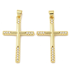 Real 18K Gold Plated Rack Plating Brass Micro Pave Cubic Zirconia Pendants, Long-Lasting Plated, Lead Free & Cadmium Free, Cross Charms, Religion, Real 18K Gold Plated, 35x22x3mm, Hole: 5x3mm