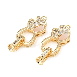 Real 18K Gold Plated Brass Micro Pave Clear Cubic Zirconia Fold Oval Clasp, Flower, with Shell, Real 18K Gold Plated, 25mm