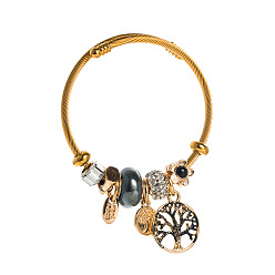 black Gold Stainless Steel Pandora Bracelet with DIY Tree of Life Oil Drop Pendant Adjustable Open Bangle