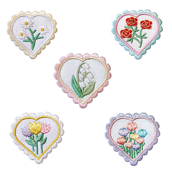 Mixed Color Computerized Embroidery Cloth Self-adhesive/Sew on Patches, Costume Accessories, Heart with Flower, Mixed Color, 40x41mm, 5pcs/set