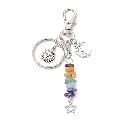 Moon Tibetan Style Alloy Keychains, with Chakra Gemstone Chip Beads and Alloy Swivel Lobster Claw Clasps, Moon, 9.7cm