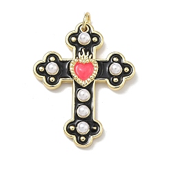 Черный Подвески из латуни с эмалью и имитацией жемчуга из АБС-пластика., крест прелести, долговечный, без кадмия и без свинца, стойки покрытие, реальный 18 k позолоченный, чёрные, 31.5x25x4 мм, Перейти кольцо: 5x1 мм, внутренний диаметр: 3 мм
