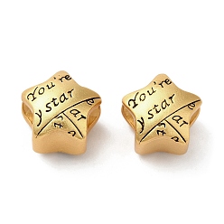 Antique Golden Rack Plating Brass European Beads, Large Hole Beads, Long-Lasting Plated, Matte Style, Star with Word, Antique Golden, 11.5x11x9.5mm, Hole: 4.5mm