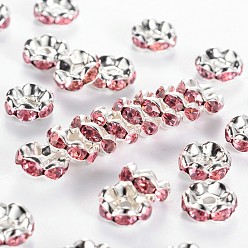 Pink Rhinestone Spacer Beads, Grade A, Pink, Silver Color Plated, Nickel Free, Size: about 8mm in diameter, 3.8mm thick, hole: 1.5mm