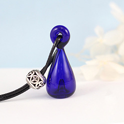 Medium Blue Glass Perfume Bottle Pendant Necklace with Wax Cord for Women, Medium Blue, Pendant: 40x18mm, 17.72 inch(45cm)