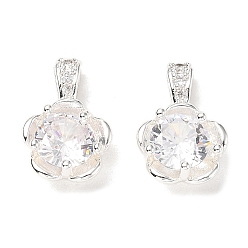 Посеребрённый Латунные микропаве прозрачные кубические циркониевые подвески, цветок, 925 серебро покрытием, 13x8.5x5 мм, отверстие : 3x1.5 мм