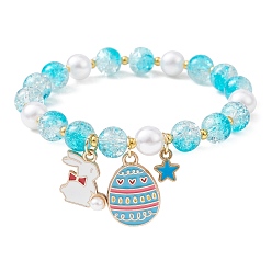 Deep Sky Blue Glass Round Beaded Stretch Bracelet, Heart & Egg & Rabbit Alloy Enamel Charms Easter Theme Bracelet for Women, Deep Sky Blue, Inner Diameter: 2-3/8 inch(5.9cm)