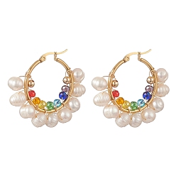 Colorful Glass & Natural Pearl Beaded Hoop Earrings, Light Gold 304 Stainless Steel Wire Wrap Jewelry for Women, Colorful, 39.5x41.5x7.5~8mm, Pin: 0.7mm